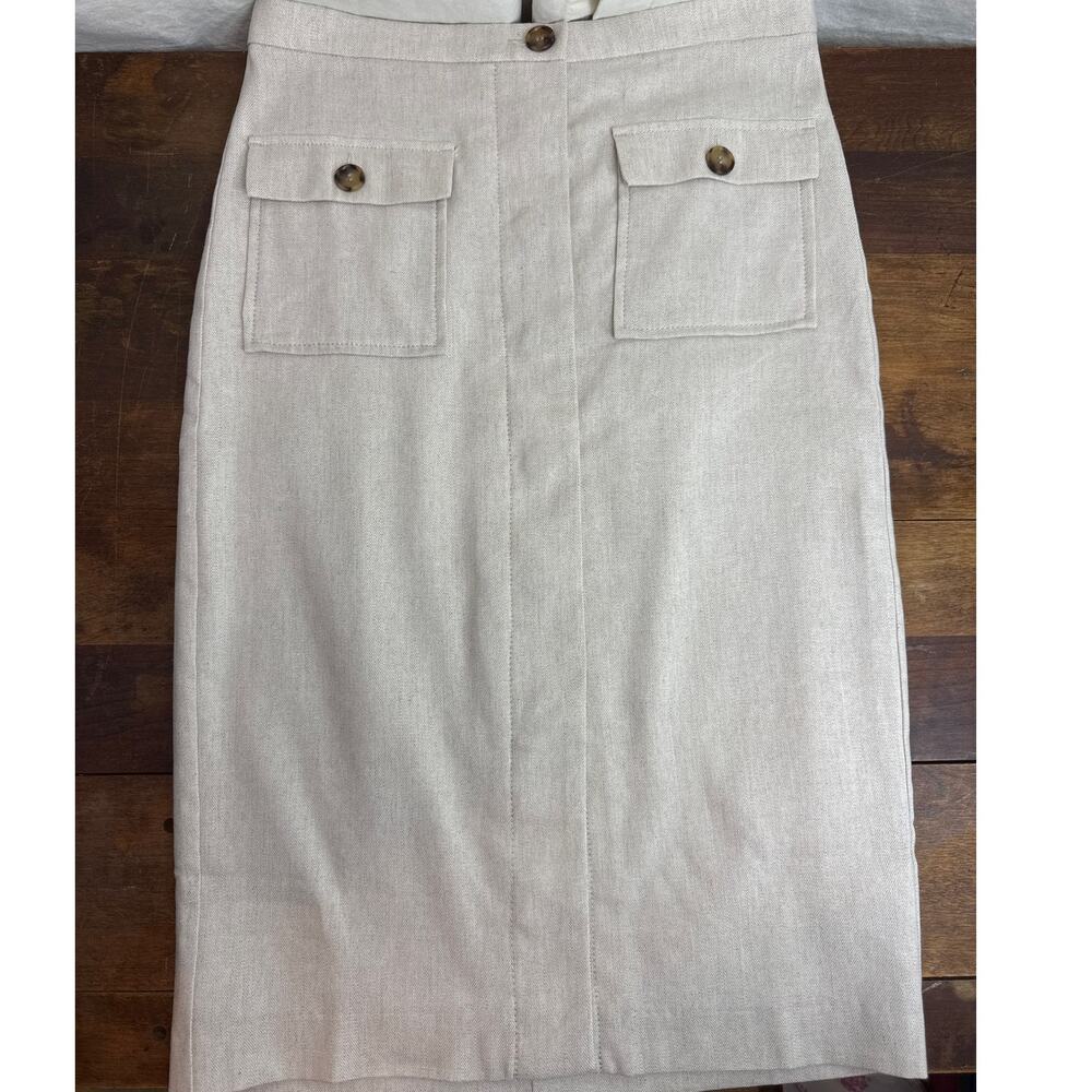 Ann Taylor Woven Beige Linen Blend Pencil Skirt Button Flap Pockets Women's 6P